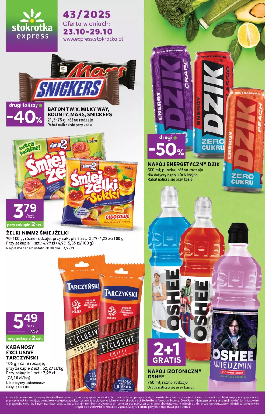 Gazetka promocyjna Stokrotka - Stokrotka Express - ważna 23.10 do 29.10.2025 - strona 1 - produkty: Baton, Bounty, Fa, Gra, Kabanos, Mars, Milky Way, Napój, Napój izotoniczny, Nimm2, Oshee, Owoce, Snickers, Twix, Warzywa
