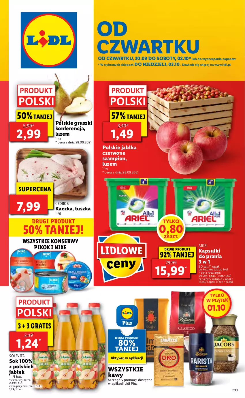 Gazetka promocyjna Lidl - GAZETKA - ważna 30.09 do 03.10.2021 - strona 1 - produkty: Ariel, Gra, Gruszki, Jabłka, Kaczka, Kapsułki do prania, PIKOK, Ser, Sok, Szampion, Tusz