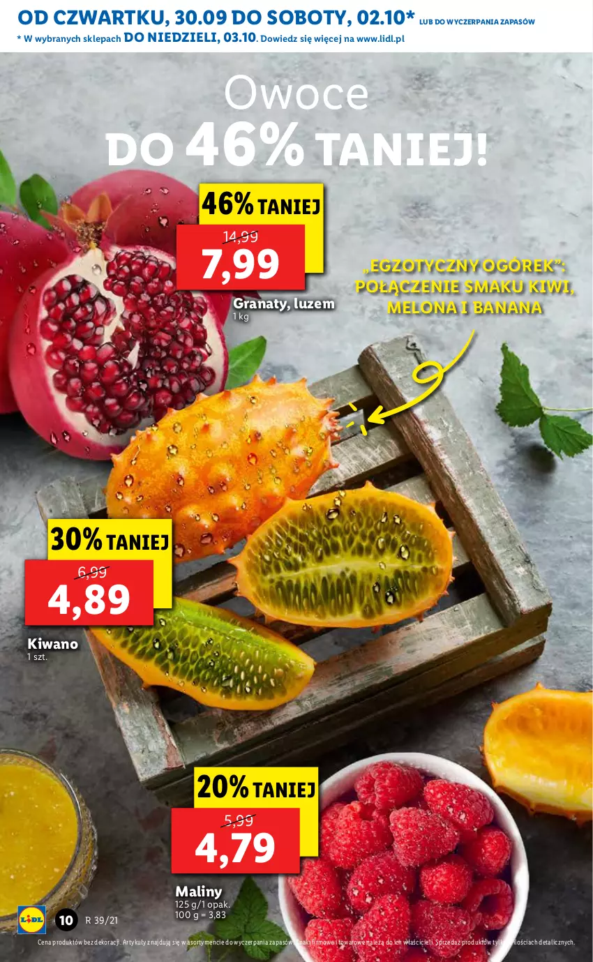 Gazetka promocyjna Lidl - GAZETKA - ważna 30.09 do 03.10.2021 - strona 10 - produkty: Gra, Granat, Kiwi, Maliny, Melon, Ogórek, Owoce