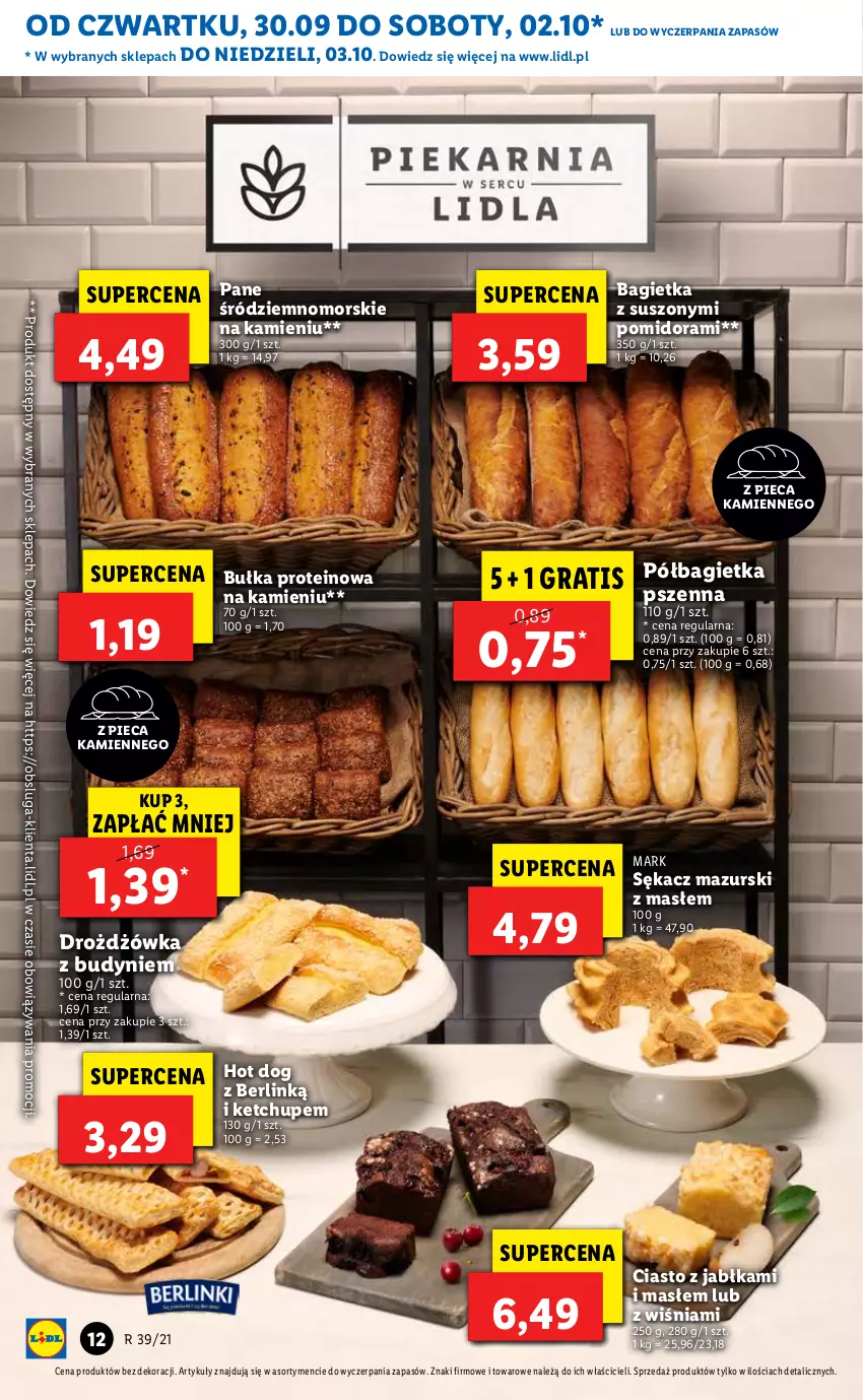 Gazetka promocyjna Lidl - GAZETKA - ważna 30.09 do 03.10.2021 - strona 12 - produkty: Bagietka, Bagietka pszenna, Bułka, Ciasto z jabłkami, Gra, Hot dog, Jabłka, Ketchup, Piec, Półbagietka, Sękacz