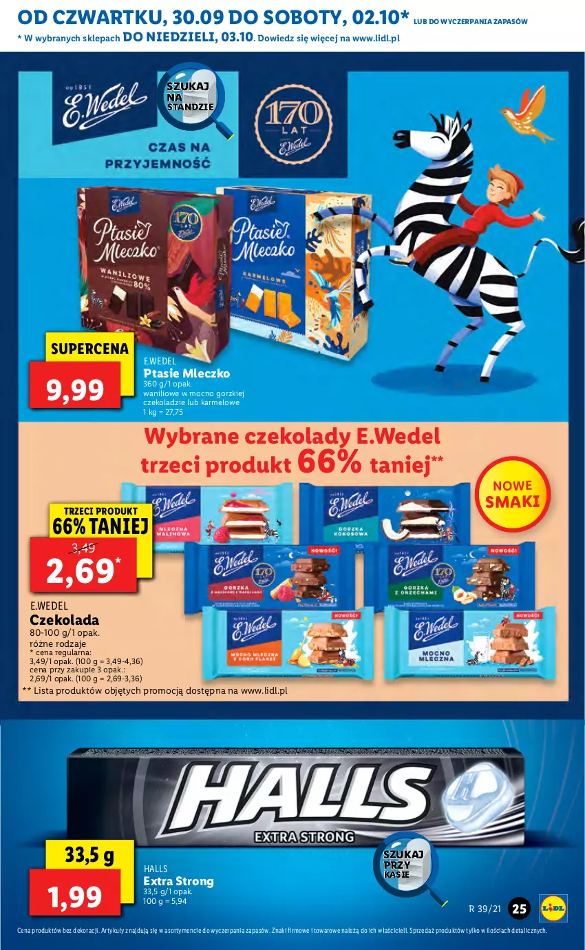 Gazetka promocyjna Lidl - GAZETKA - ważna 30.09 do 03.10.2021 - strona 25 - produkty: Czekolada, Halls, Mleczko, Ptasie mleczko