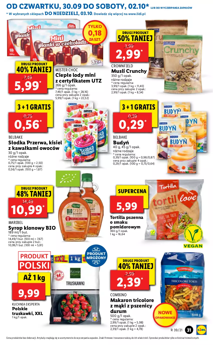 Gazetka promocyjna Lidl - GAZETKA - ważna 30.09 do 03.10.2021 - strona 31 - produkty: Budyń, Ciepłe lody, Gra, Kawa, Kisiel, Kuchnia, Lody, Makaron, Mus, Rum, Syrop, Tortilla, Truskawki