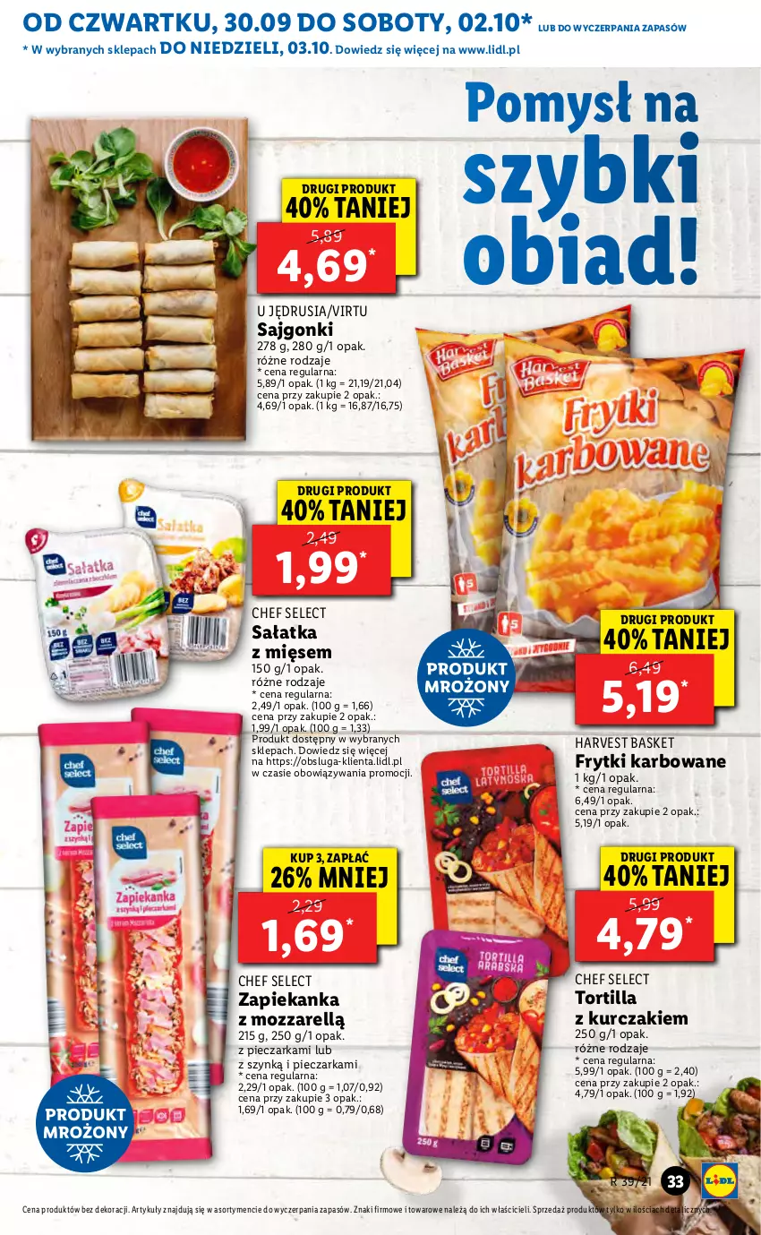 Gazetka promocyjna Lidl - GAZETKA - ważna 30.09 do 03.10.2021 - strona 33 - produkty: Frytki, Kurczak, Piec, Pieczarka, Sajgonki, Sałat, Sałatka, Tortilla, Virtu, Zapiekanka