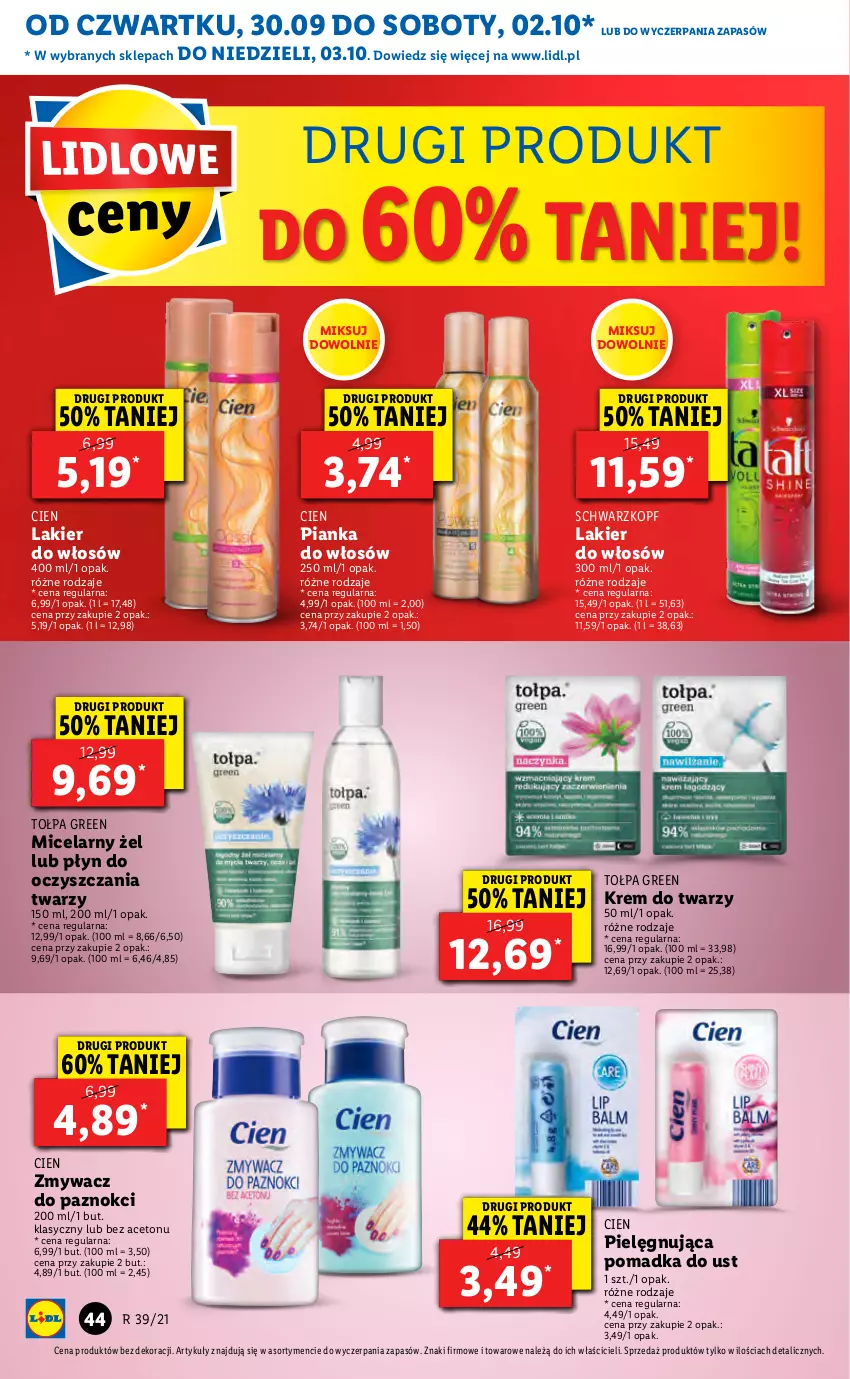 Gazetka promocyjna Lidl - GAZETKA - ważna 30.09 do 03.10.2021 - strona 44 - produkty: Krem do twarzy, Lakier, Lakier do włosów, Pianka do włosów, Schwarzkopf, Tołpa, Zmywacz do paznokci