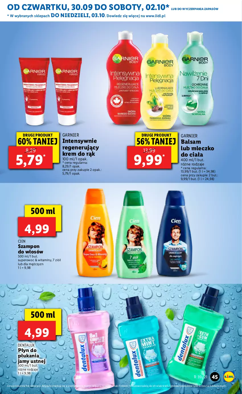 Gazetka promocyjna Lidl - GAZETKA - ważna 30.09 do 03.10.2021 - strona 45 - produkty: Garnier, Krem do rąk, Mleczko, Mleczko do ciała, Płyn do płukania, Płyn do płukania jamy ustnej, Szampon