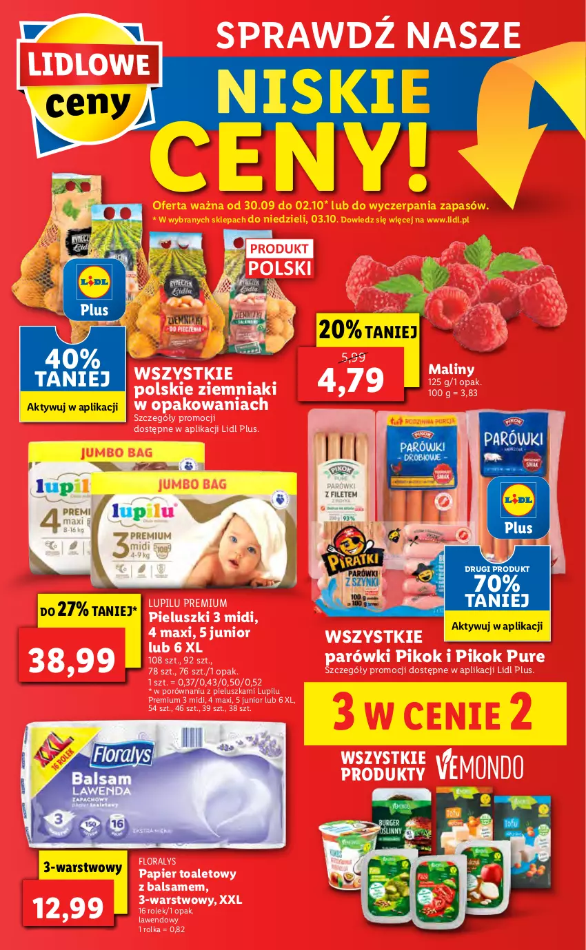 Gazetka promocyjna Lidl - GAZETKA - ważna 30.09 do 03.10.2021 - strona 52 - produkty: Flora, Maliny, Papier, Papier toaletowy, Parówki, PIKOK, Por, Pur, Ziemniaki