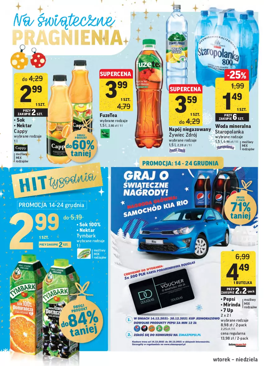 Gazetka promocyjna Intermarche - Gazetka promocyjna - ważna 14.12 do 19.12.2021 - strona 38 - produkty: Cappy, Mirinda, Napój, Napój niegazowany, Nektar, Pepsi, Sok, Staropolanka, Tymbark, Woda, Woda mineralna