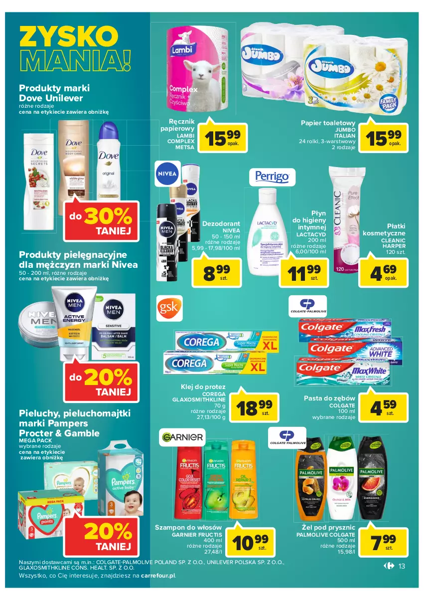 Gazetka promocyjna Carrefour - Gazetka Carrefour - ważna 11.01 do 23.01.2022 - strona 13 - produkty: Cleanic, Colgate, Corega, Dezodorant, Dove, Fructis, Garnier, Klej, Lactacyd, LG, Majtki, Nivea, Palmolive, Pampers, Papier, Papier toaletowy, Pasta do zębów, Pieluchomajtki, Pieluchy, Płatki kosmetyczne, Płyn do higieny intymnej, Ręcznik, Rolki, Szampon