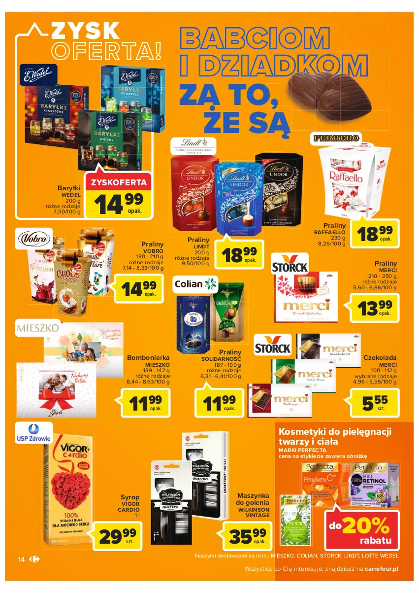 Gazetka promocyjna Carrefour - Gazetka Carrefour - ważna 11.01 do 23.01.2022 - strona 14 - produkty: Baryłki, Czekolada, Fa, Kosmetyki do pielęgnacji, Lindt, Maszynka, Maszynka do golenia, Merci, Perfecta, Praliny, Raffaello, Syrop, Szynka