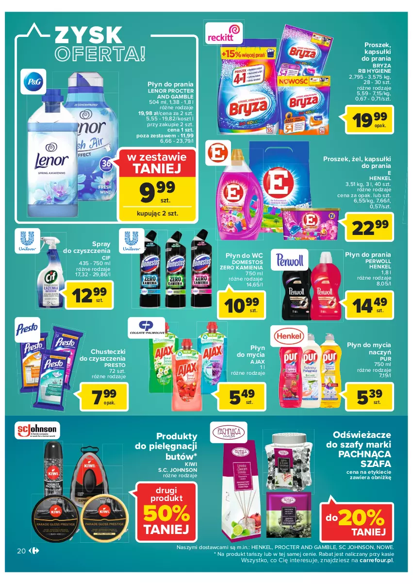 Gazetka promocyjna Carrefour - Gazetka Carrefour - ważna 11.01 do 23.01.2022 - strona 20 - produkty: Ajax, Bryza, Chusteczki, Chusteczki do czyszczenia, Cif, Do mycia naczyń, Domestos, Fa, Kapsułki do prania, Kiwi, Kosz, Lenor, O nas, Perwoll, Płyn do mycia, Płyn do mycia naczyń, Płyn do prania, Płyn do wc, Presto, Pur, Spray do czyszczenia, Szafa