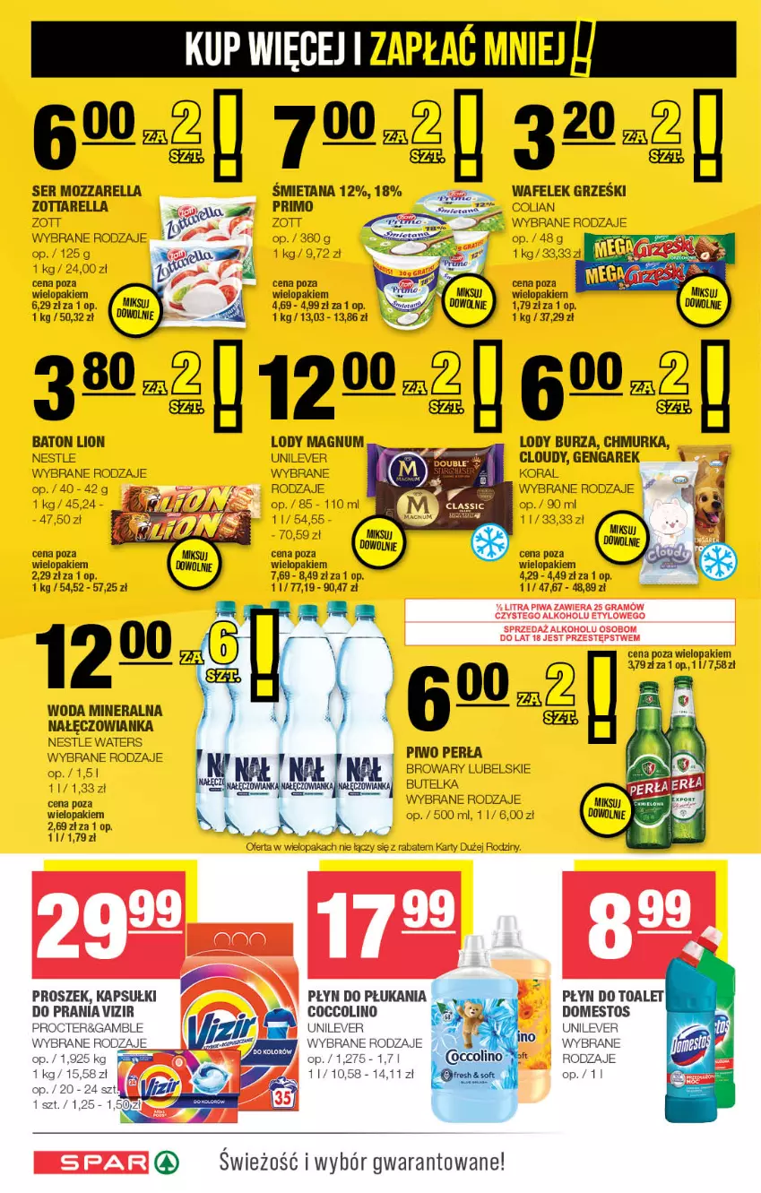 Gazetka promocyjna Spar - Spar - ważna 21.04 do 01.05.2024 - strona 6 - produkty: Baton, Coccolino, Domestos, Gra, Grześki, Lion, Lody, Mozzarella, Nałęczowianka, Perła, Piwa, Piwo, Płyn do płukania, Ser, Top, Vizir, Wafelek, Woda, Woda mineralna, Zott, Zottarella