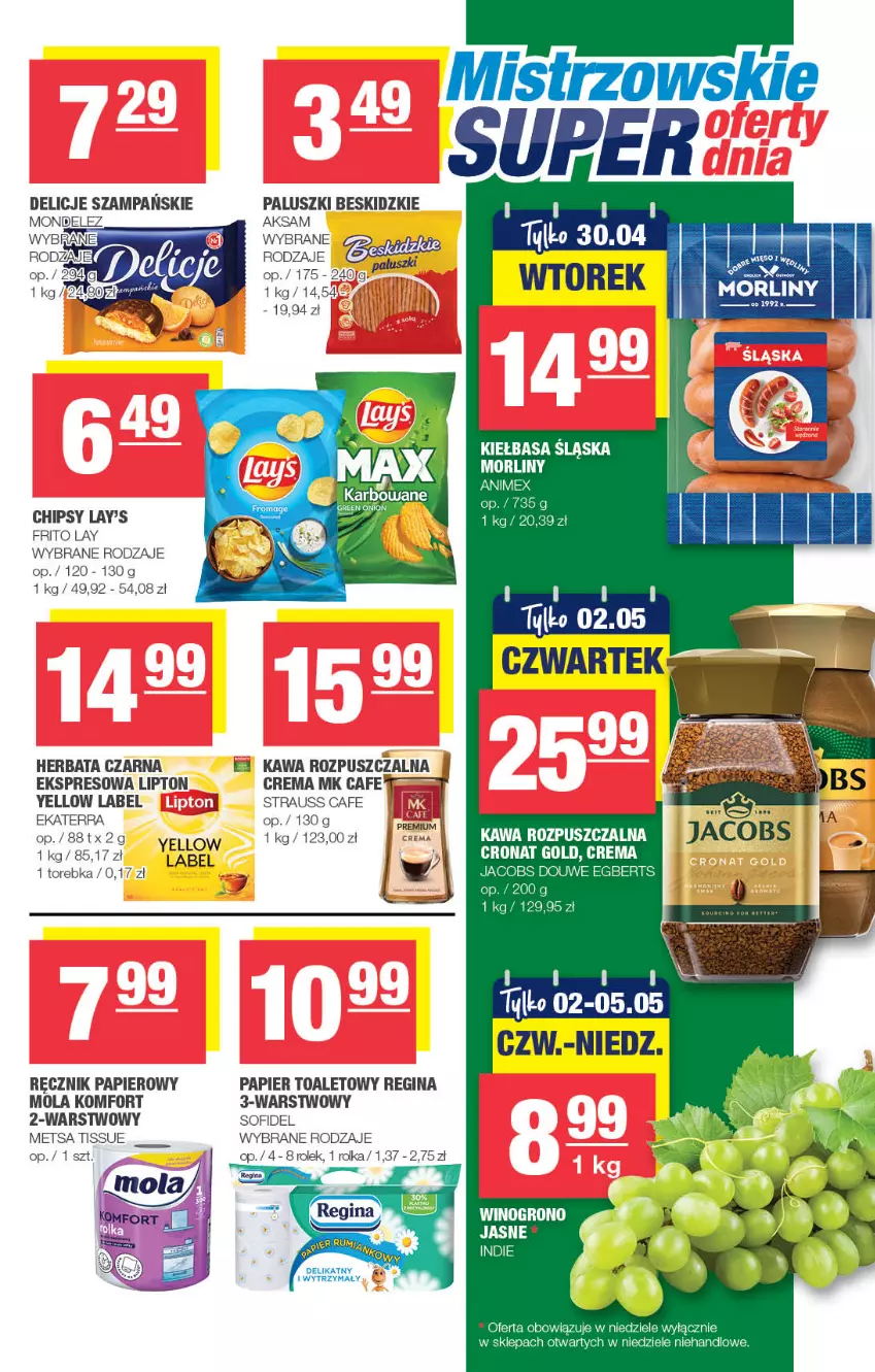 Gazetka promocyjna Spar - Spar - ważna 21.04 do 01.05.2024 - strona 7 - produkty: Chipsy, Gin, Herbata, Herbata czarna, Jacobs, Kawa, Kawa rozpuszczalna, Kiełbasa, Kiełbasa śląska, Lipton, Mola, Morliny, Papier, Papier toaletowy, Ręcznik, Torebka, Wino