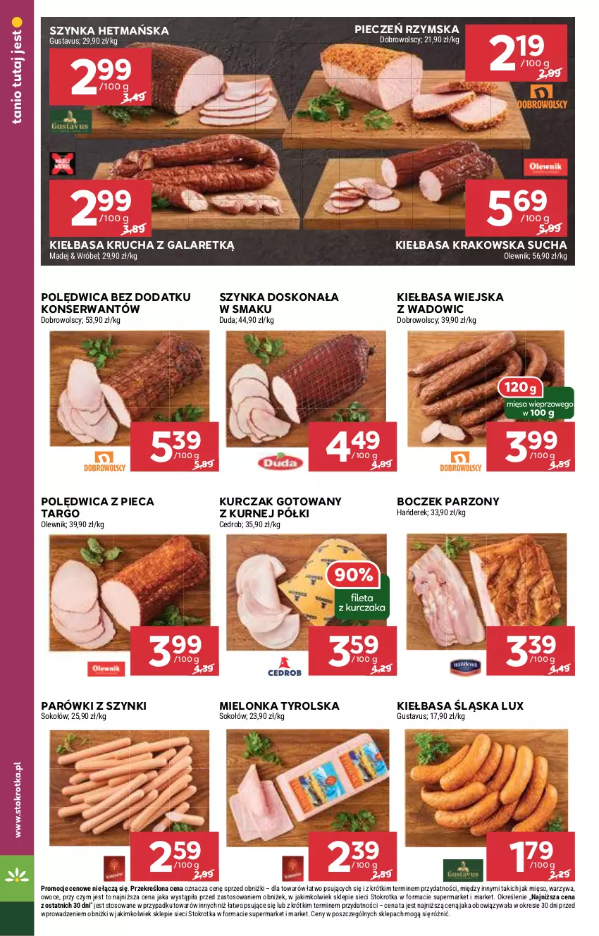 Gazetka promocyjna Stokrotka - Supermarket - ważna 10.10 do 16.10.2024 - strona 8 - produkty: Boczek, Duda, Gala, Kiełbasa, Kiełbasa krakowska, Kiełbasa krucha, Kiełbasa śląska, Kiełbasa wiejska, Kurczak, Kurczak gotowany, Mielonka tyrolska, Mięso, Olewnik, Owoce, Parówki, Parówki z szynki, Piec, Pieczeń rzymska, Polędwica, Ser, Sok, Sokołów, Szynka, Warzywa