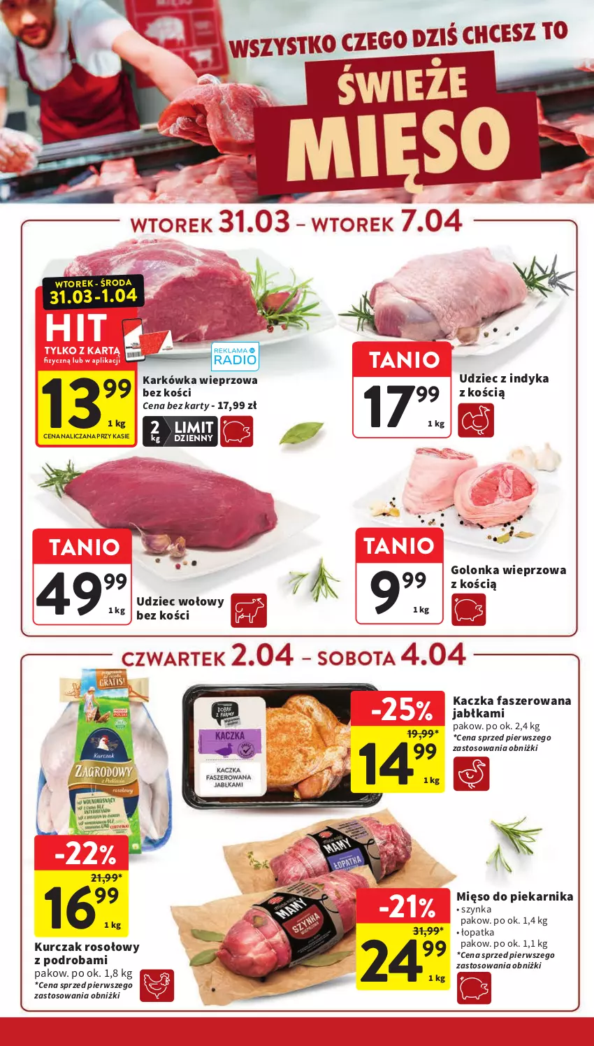 Gazetka promocyjna Intermarche - Gazetka Intermarche - ważna 31.03 do 07.04.2026 - strona 22 - produkty: Fa, Golonka wieprzowa, Jabłka, Kaczka, Kaczka faszerowana, Karkówka wieprzowa, Kurczak, Mięso, Piekarnik, Szynka, Udziec wołowy, Udziec z indyka