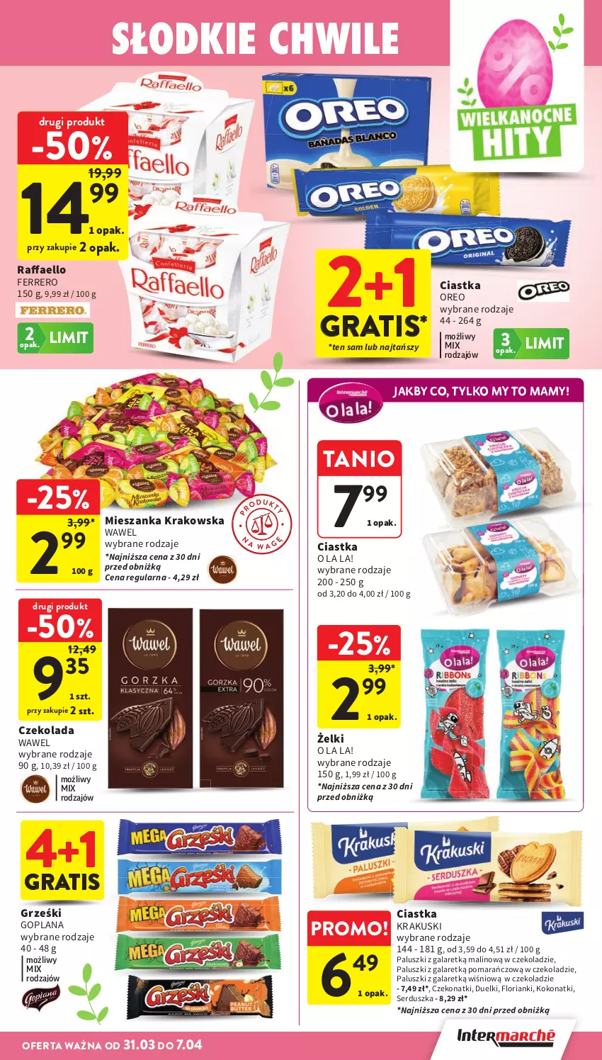 Gazetka promocyjna Intermarche - Gazetka Intermarche - ważna 31.03 do 07.04.2026 - strona 35 - produkty: Ciastka, Czekolada, Fa, Ferrero, Gala, Goplana, Gra, Grześki, Krakus, Krakuski, LANA, Oreo, Raffaello, Ser, Wawel