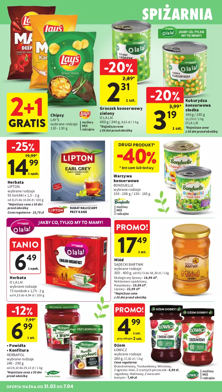 Gazetka promocyjna Intermarche - Gazetka Intermarche - ważna 31.03 do 07.04.2026 - strona 36 - produkty: Bonduelle, Chipsy, Dżem, Gra, Gres, Groszek, Herbapol, Herbata, Kiwi, Konfitura, Kukurydza, Kukurydza konserwowa, Lipton, Miód, Nektar, Por, Ser, Warzywa, Warzywa konserwowe