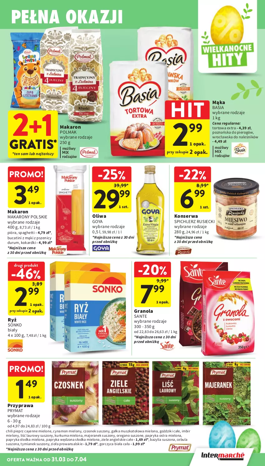 Gazetka promocyjna Intermarche - Gazetka Intermarche - ważna 31.03 do 07.04.2026 - strona 37 - produkty: Basia, Bazyl, Bazylia, Cebula, Czosnek, Gałka, Gra, Granola, Imbir, Kurkuma, Laur, Mąka, Makaron, Mus, Olma, Oregano suszone, Papryka, Papryka słodka, Papryka wędzona, Pieprz, Prymat, Rum, Ryż, Sante, Ser, Sonko, Spaghetti, Spichlerz Rusiecki, Ziele angielskie