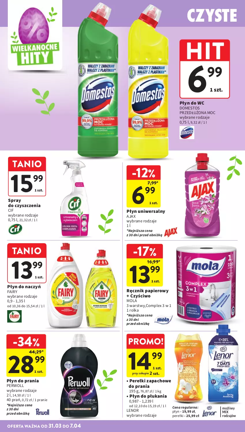 Gazetka promocyjna Intermarche - Gazetka Intermarche - ważna 31.03 do 07.04.2026 - strona 42 - produkty: Ajax, Cif, Domestos, Fa, Fairy, Lenor, Mola, Papier, Perełki zapachowe, Perwoll, Płyn do płukania, Płyn do prania, Płyn do wc, Ręcznik, Spray do czyszczenia