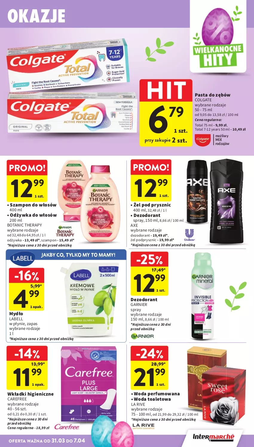 Gazetka promocyjna Intermarche - Gazetka Intermarche - ważna 31.03 do 07.04.2026 - strona 43 - produkty: Bell, Carefree, Colgate, Dezodorant, Garnier, La Rive, LG, Mydło, Odżywka, Pasta do zębów, Perfum, Szampon, Wkładki, Woda, Woda perfumowana, Woda toaletowa