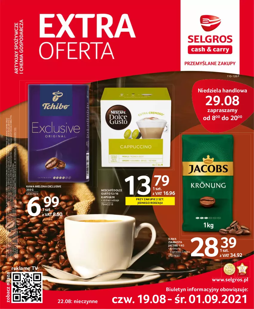 Gazetka promocyjna Selgros - Extra Oferta - ważna 01.08 do 31.08.2021 - strona 1 - produkty: Dolce Gusto, Fa, Jacobs, Kawa, Kawa mielona, Kawa ziarnista, LG, Nescafé, Tran