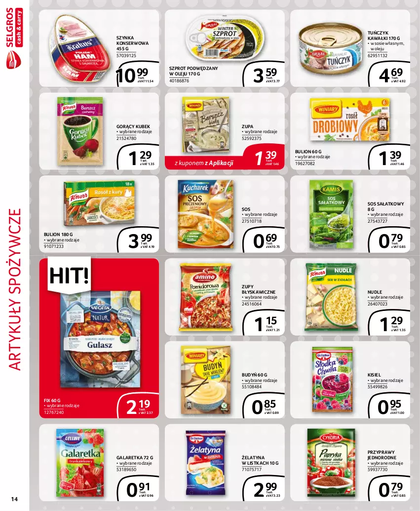 Gazetka promocyjna Selgros - Extra Oferta - ważna 01.08 do 31.08.2021 - strona 14 - produkty: Artykuły spożywcze, Budyń, Bulion, Gala, Galaretka, Kawa, Kisiel, Kubek, Lion, Olej, Przyprawy, Sałat, Ser, Sos, Szprot, Szynka, Szynka konserwowa, Tuńczyk, Zupa