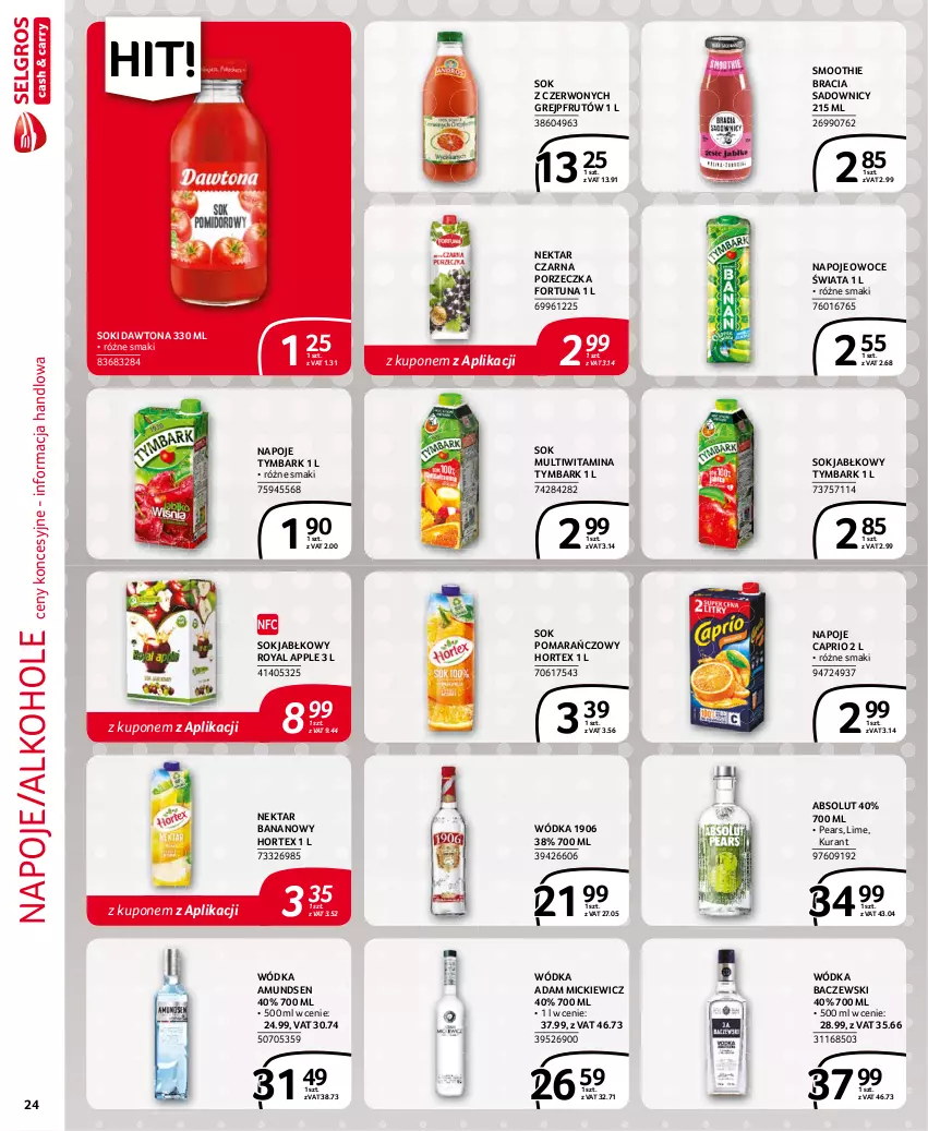 Gazetka promocyjna Selgros - Extra Oferta - ważna 01.08 do 31.08.2021 - strona 24 - produkty: Absolut, Alkohole, Amundsen, Dawtona, Fortuna, Grejpfrut, Hortex, Napoje, Nektar, Nektar bananowy, Owoce, Por, Smoothie, Sok, Sok jabłkowy, Sok pomarańczowy, Tymbark, Wódka