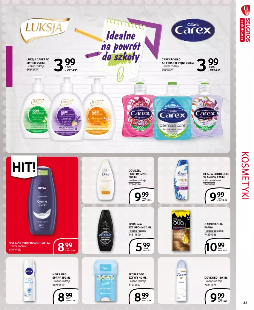 Gazetka promocyjna Selgros - Extra Oferta - ważna 01.08 do 31.08.2021 - strona 35 - produkty: Dove, Fa, Garnier, Luksja, Mydło, Nivea, Schauma, Secret Deo, Szampon