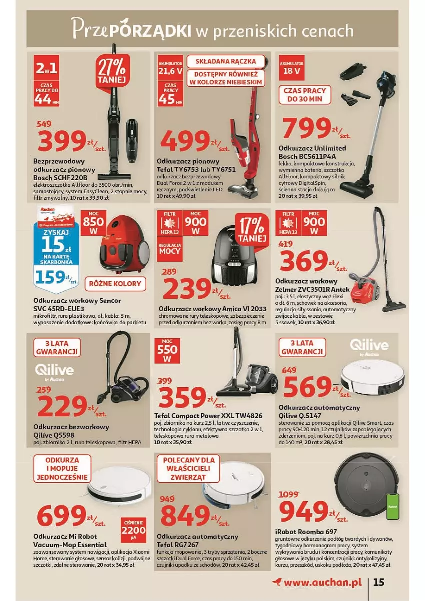 Gazetka promocyjna Auchan - przeNISKIE CENY prze porządki Hipermarkety - ważna 17.02 do 23.02.2022 - strona 15 - produkty: Amica, Bateria, Bosch, Dywan, Fa, Gra, Grunt, IRobot, Mop, Nawigacji, Odkurzacz, Odkurzacz bezprzewodowy, Orka, Piec, Robot, Roomba, Rura, Sencor, Szczotka, Tefal, Teleskop, Top, Zelmer