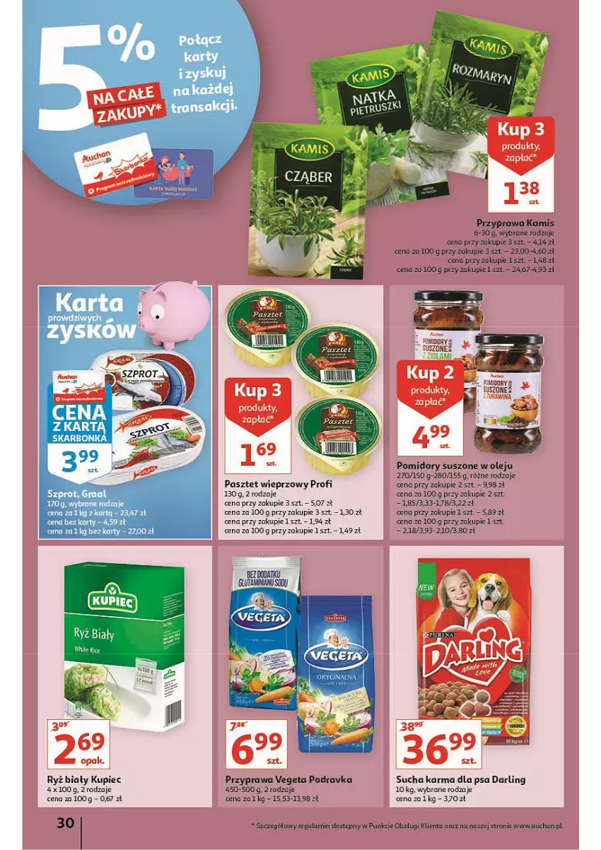 Gazetka promocyjna Auchan - przeNISKIE CENY prze porządki Hipermarkety - ważna 17.02 do 23.02.2022 - strona 30 - produkty: Kamis, Kupiec, Olej, Pasztet, Piec, Podravka, Pomidory, Ryż, Ryż biały, Sucha karma, Vegeta