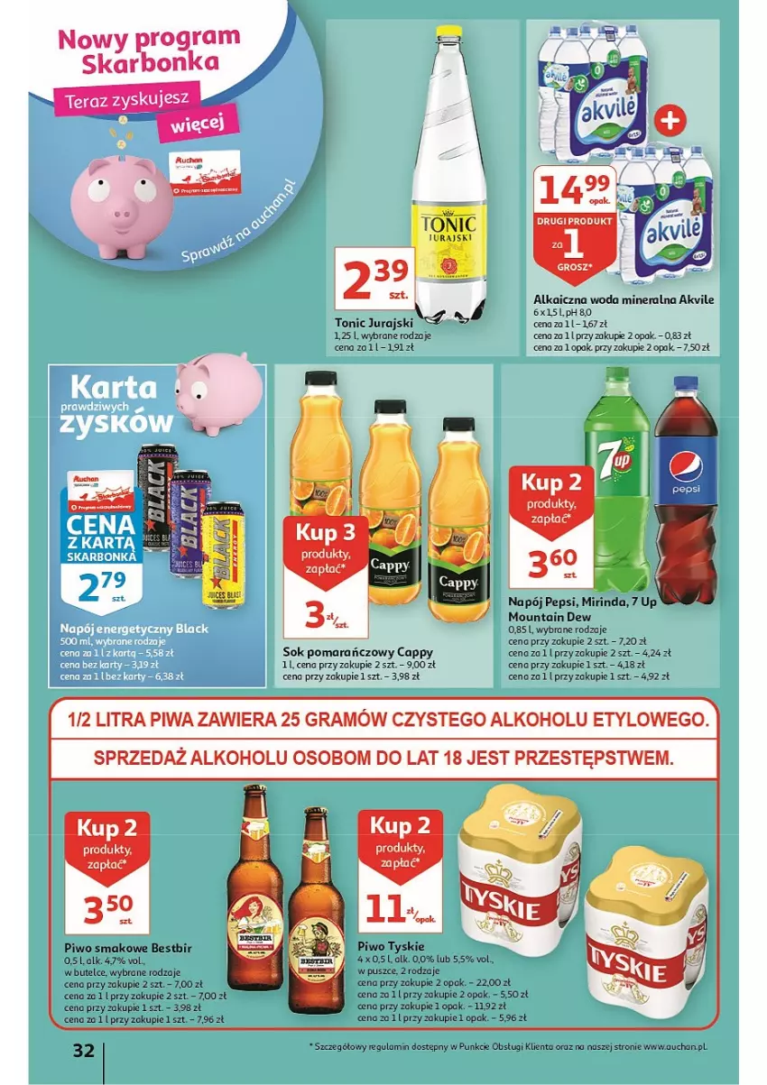 Gazetka promocyjna Auchan - przeNISKIE CENY prze porządki Hipermarkety - ważna 17.02 do 23.02.2022 - strona 32 - produkty: Cappy, Gra, Mirinda, Napój, Pepsi, Piwa, Piwo, Sok, Sok pomarańczowy, Tera, Tyskie, Woda, Woda mineralna