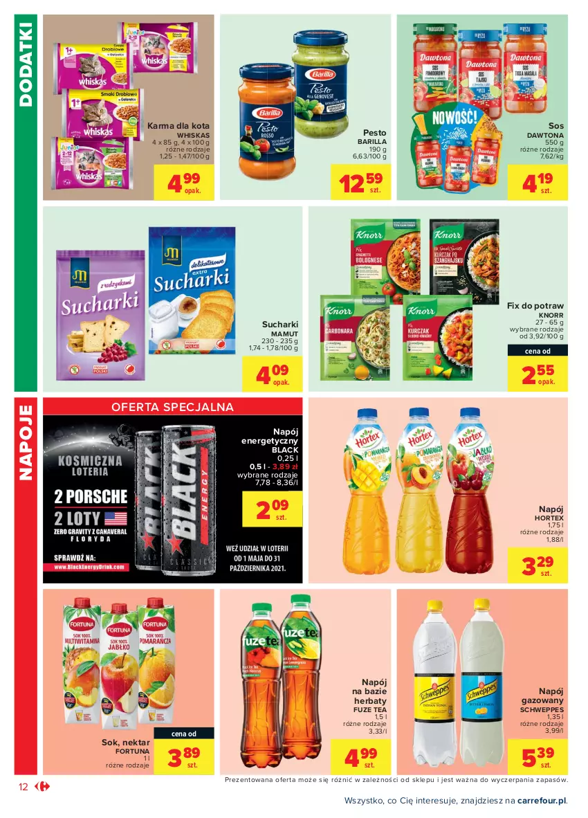 Gazetka promocyjna Carrefour - Gazetka Market - ważna 23.08 do 04.09.2021 - strona 12 - produkty: Barilla, Dawtona, Fortuna, Hortex, Knorr, Lack, Napój, Napój energetyczny, Napój gazowany, Napoje, Nektar, Pesto, Schweppes, Sok, Sos, Whiskas