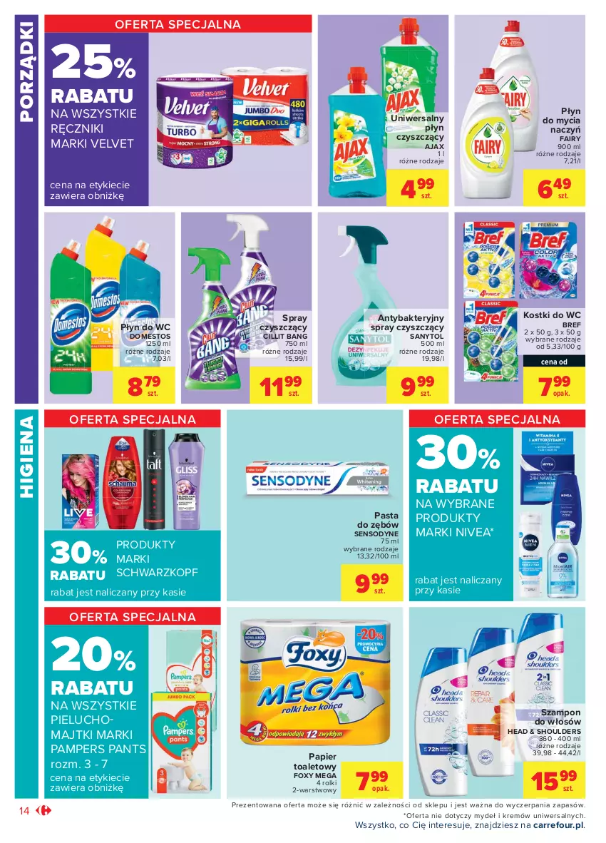 Gazetka promocyjna Carrefour - Gazetka Market - ważna 23.08 do 04.09.2021 - strona 14 - produkty: Ajax, Antybakteryjny spray, Bref, Cillit Bang, Do mycia naczyń, Domestos, Fa, Fairy, Foxy, Majtki, Nivea, Pampers, Papier, Papier toaletowy, Pasta do zębów, Pieluchomajtki, Płyn do mycia, Płyn do mycia naczyń, Płyn do wc, Por, Ręcznik, Rolki, Sanytol, Schwarzkopf, Sensodyne, Szampon, Uniwersalny płyn czyszczący, Velvet