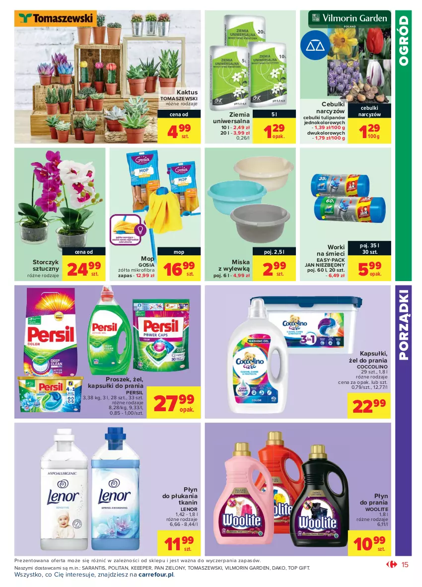 Gazetka promocyjna Carrefour - Gazetka Market - ważna 23.08 do 04.09.2021 - strona 15 - produkty: Coccolino, Jan Niezbędny, Kaktus, Kapsułki do prania, Lenor, Miska, Mop, Narcyz, Ogród, Persil, Płyn do płukania, Płyn do prania, Por, Storczyk, Top, Tulipan, Woolite, Worki na śmiec, Worki na śmieci