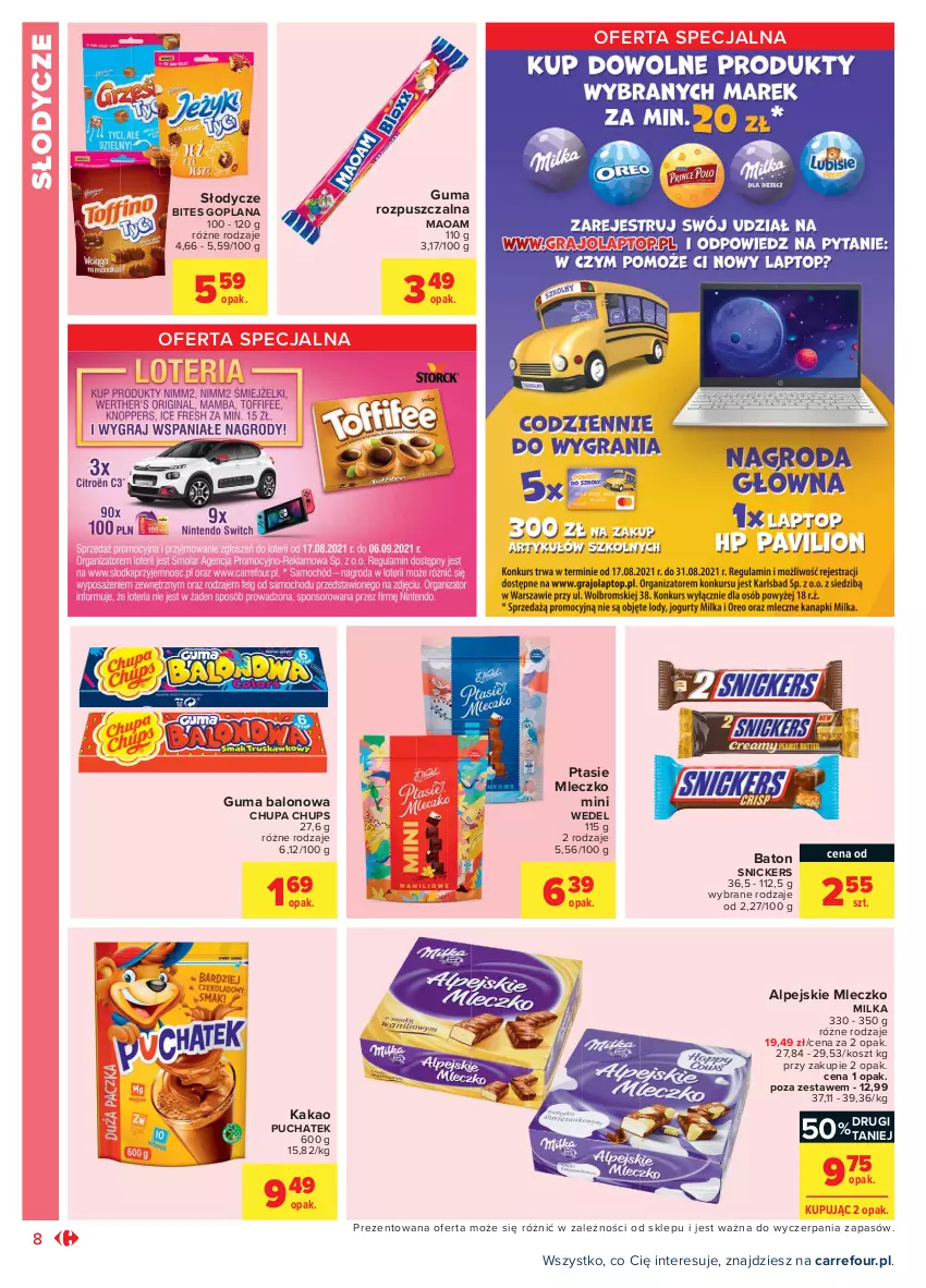 Gazetka promocyjna Carrefour - Gazetka Market - ważna 23.08 do 04.09.2021 - strona 8 - produkty: Baton, Chupa Chups, Goplana, Guma rozpuszczalna, Kakao, Kosz, LANA, Milka, Mleczko, Ptasie mleczko, Snickers