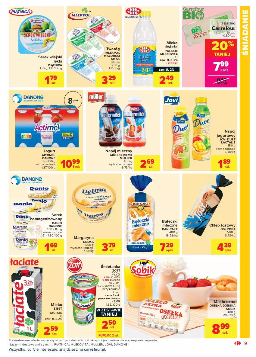 Gazetka promocyjna Carrefour - Gazetka Market - ważna 23.08 do 04.09.2021 - strona 9 - produkty: Actimel, Bułeczki, Bułeczki mleczne, Chleb, Chleb tostowy, Dan Cake, Danio, Danone, Delma, Grill, Jaja, Jogurt, Kosz, Margaryna, Masło, Mleko, Mlekovita, Müller, Müllermilch, Napój, Napój jogurtowy, Napój mleczny, Piątnica, Ser, Serek, Serek homogenizowany, Serek wiejski, Twaróg, Zott