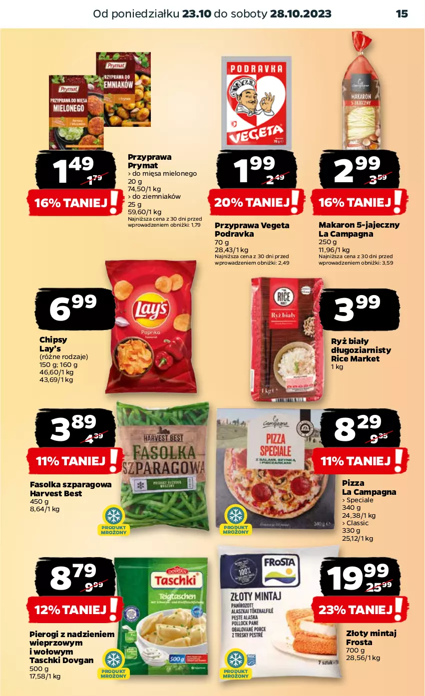 Gazetka promocyjna Netto - Akcesoria i dodatki - ważna 26.10 do 01.11.2023 - strona 15 - produkty: Chipsy, Fa, Frosta, Lay’s, Makaron, Mintaj, Pierogi, Pizza, Podravka, Prymat, Ryż, Ryż biały, Vegeta