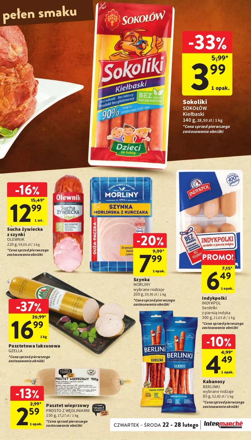 Gazetka promocyjna Intermarche - Gazetka Intermarche - ważna 22.02 do 28.02.2024 - strona 19 - produkty: Berlinki, Kabanos, Morliny, Olewnik, Pasztet, Ser, Serdelki, Sok, Sokołów, Szynka