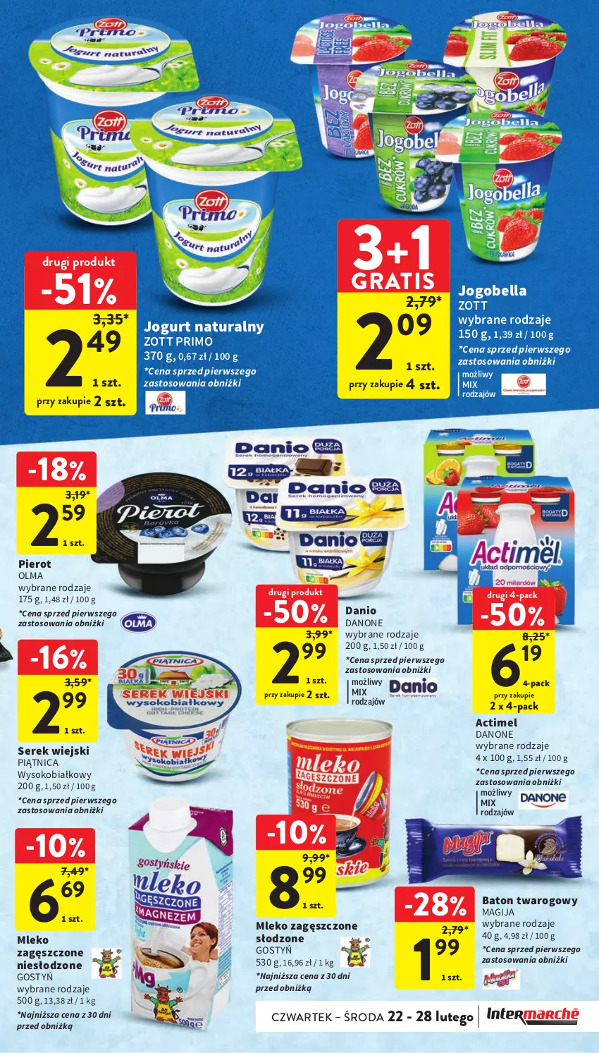 Gazetka promocyjna Intermarche - Gazetka Intermarche - ważna 22.02 do 28.02.2024 - strona 21 - produkty: Actimel, Baton, Bell, Bella, Danio, Danone, Gra, Jogobella, Jogurt, Jogurt naturalny, Magija, Mleko, Mleko zagęszczone, Olma, Piątnica, Ser, Serek, Serek wiejski, Sok, Zott, Zott Primo