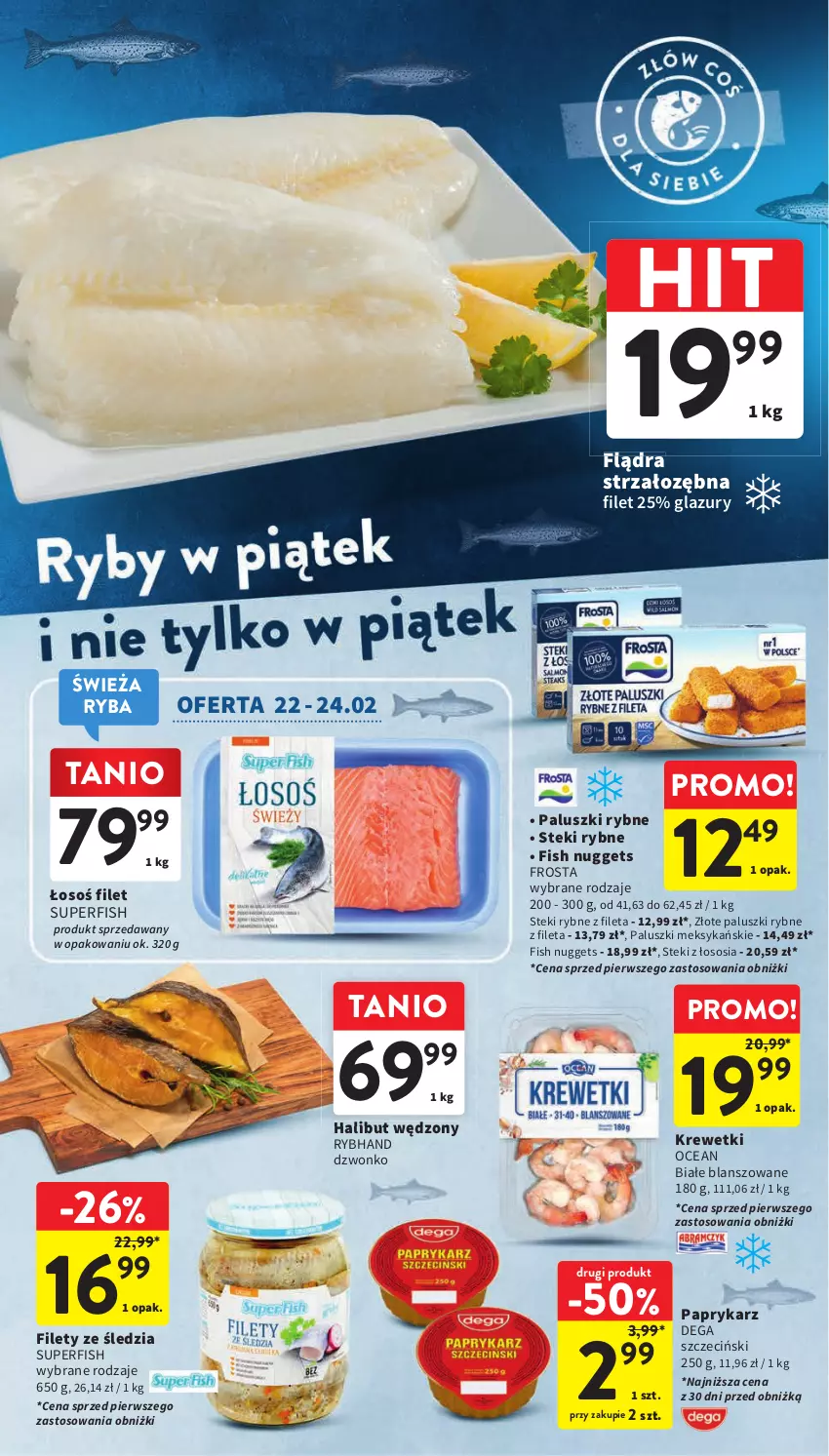 Gazetka promocyjna Intermarche - Gazetka Intermarche - ważna 22.02 do 28.02.2024 - strona 22 - produkty: Dega, Frosta, Halibut, Krewetki, Lazur, Paluszki rybne, Papryka, Paprykarz, Ryba, Sos, Stek