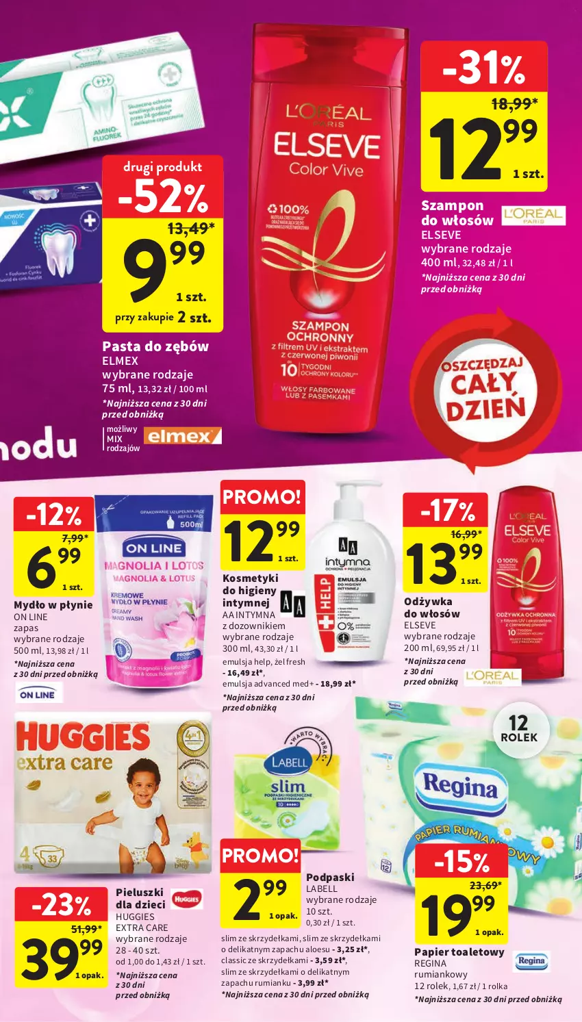 Gazetka promocyjna Intermarche - Gazetka Intermarche - ważna 22.02 do 28.02.2024 - strona 37 - produkty: Bell, Dozownik, Dzieci, Elmex, Elseve, Emulsja, Gin, Huggies, Mydło, Mydło w płynie, Odżywka, Papier, Papier toaletowy, Pasta do zębów, Podpaski, Rum, Szampon