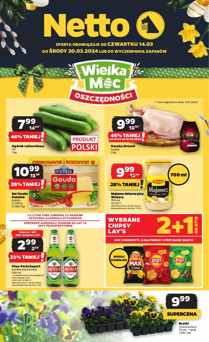 Gazetka promocyjna Netto - Artykuły spożywcze - ważna 14.03 do 20.03.2024 - strona 1 - produkty: Chipsy, Gouda, Gra, Kaczka, Lay’s, Majonez, Ogórek, Perła, Piwa, Piwo, POLMLEK, Por, Ser, Tusz, Winiary