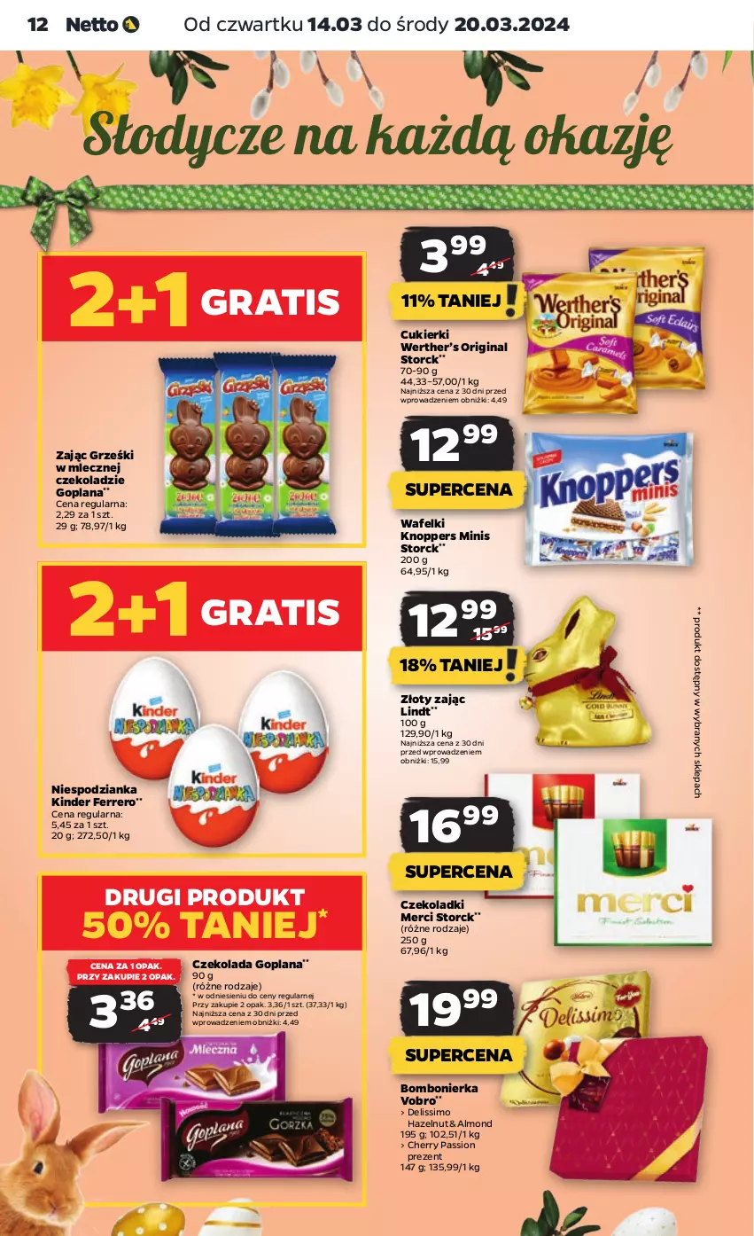 Gazetka promocyjna Netto - Artykuły spożywcze - ważna 14.03 do 20.03.2024 - strona 12 - produkty: Cukier, Cukierki, Czekolada, Deliss, Ferrero, Gin, Goplana, Gra, Grześki, Kinder, Knoppers, LANA, Lindt, Merci