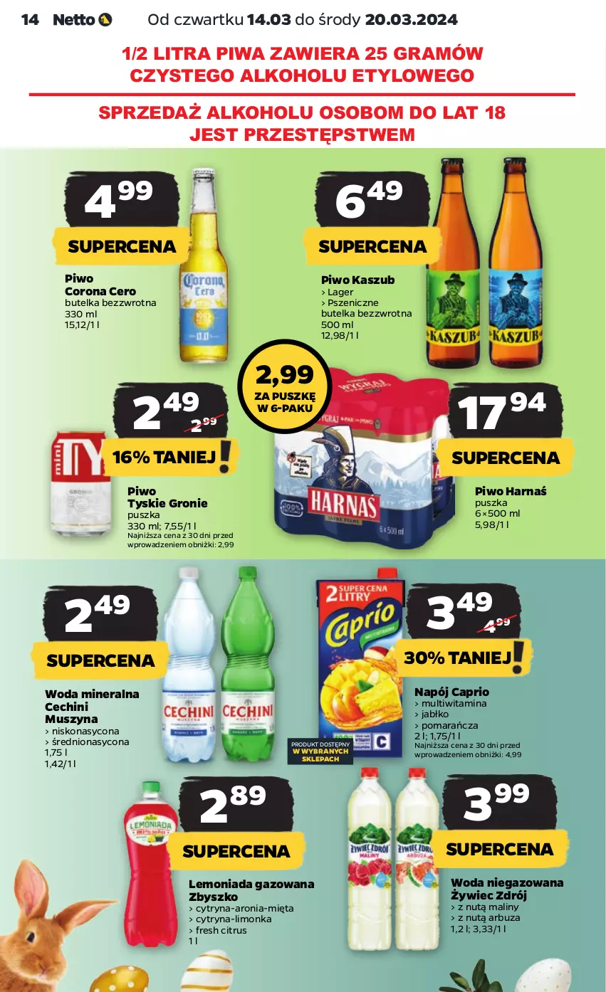 Gazetka promocyjna Netto - Artykuły spożywcze - ważna 14.03 do 20.03.2024 - strona 14 - produkty: Arbuz, Aronia, Gra, Harnaś, Lemoniada, Limonka, Maliny, Mięta, Mus, Napój, Piwa, Piwo, Szyna, Tyskie, Woda, Woda mineralna, Woda niegazowana