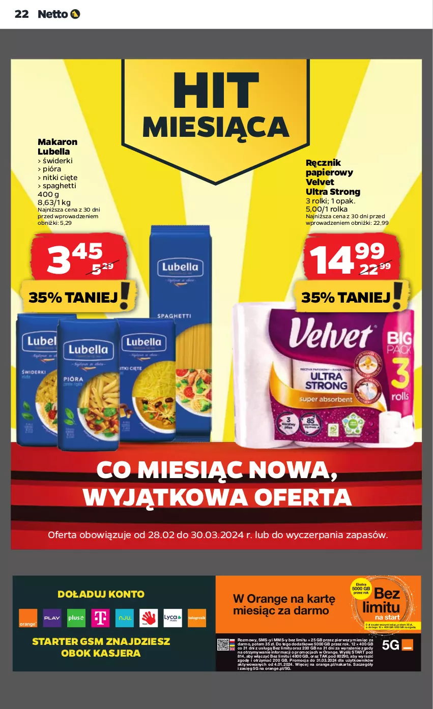 Gazetka promocyjna Netto - Artykuły spożywcze - ważna 14.03 do 20.03.2024 - strona 22 - produkty: Bell, Bella, Fa, Lubella, Makaron, Papier, Ręcznik, Rolki, Spaghetti, Velvet