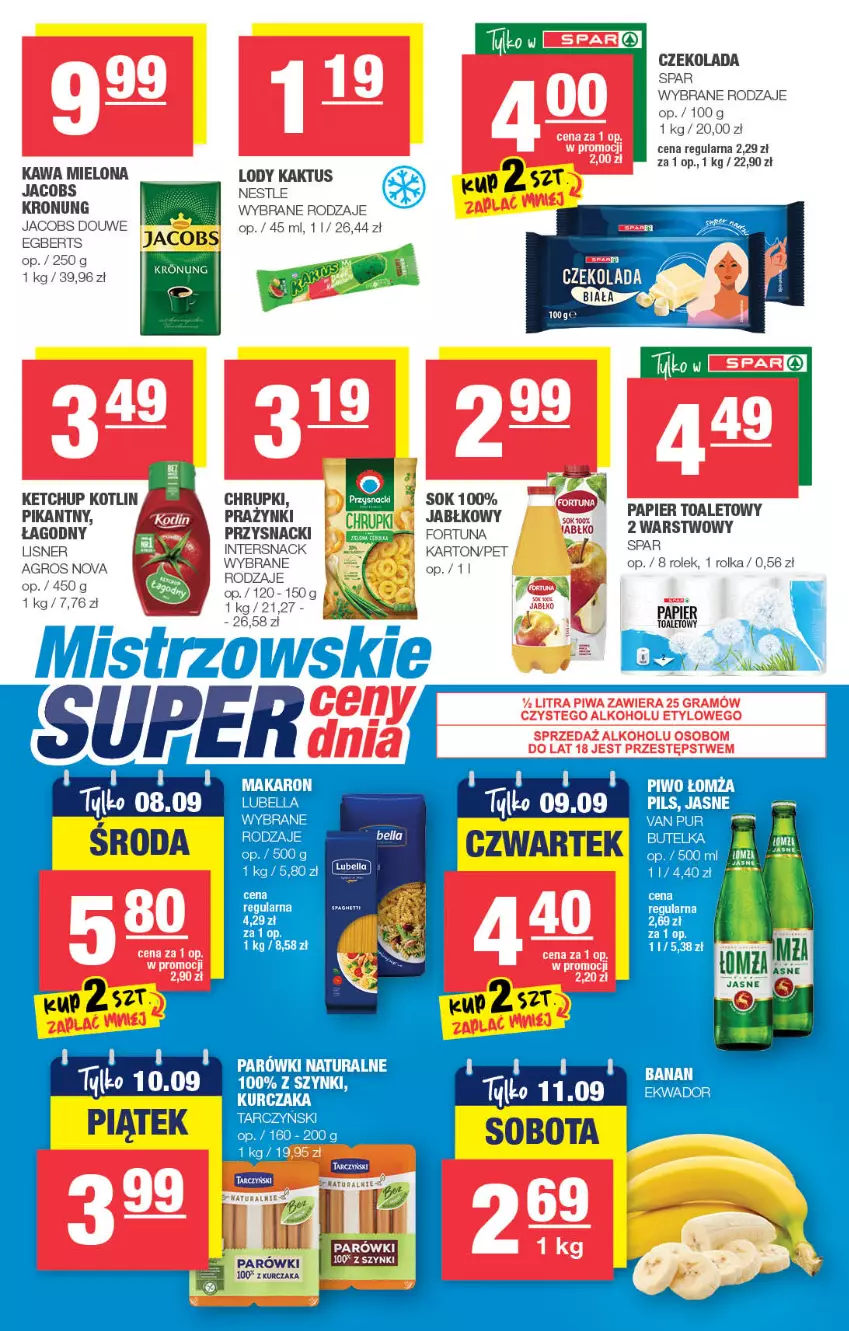 Gazetka promocyjna Spar - Express - ważna 01.09 do 07.09.2021 - strona 3 - produkty: Bell, Bella, Chrupki, Czekolada, Dove, Fa, Fortuna, Jacobs, Kaktus, Kawa, Kawa mielona, Ketchup, Kotlin, Kurczak, LG, Lisner, Lody, Papier, Parówki, Piwo, Przysnacki, Pur