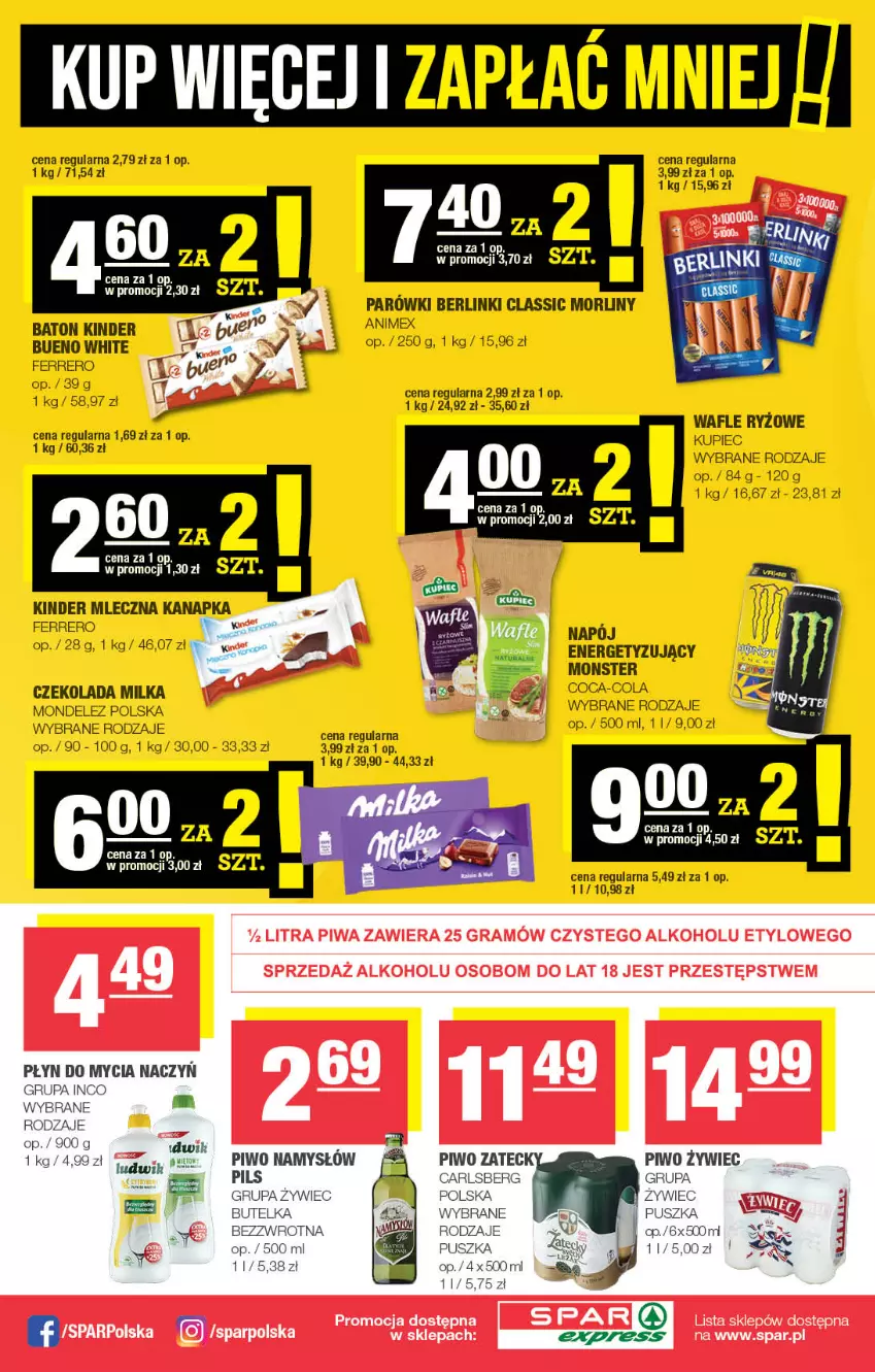 Gazetka promocyjna Spar - Express - ważna 01.09 do 07.09.2021 - strona 4 - produkty: Baton, Berlinki, Carlsberg, Coca-Cola, Czekolada, Do mycia naczyń, Ferrero, Kinder, Kupiec, Ludwik, Milka, Morliny, Namysłów, Parówki, Piec, Piwo, Płyn do mycia, Płyn do mycia naczyń, Ryż, Wafle