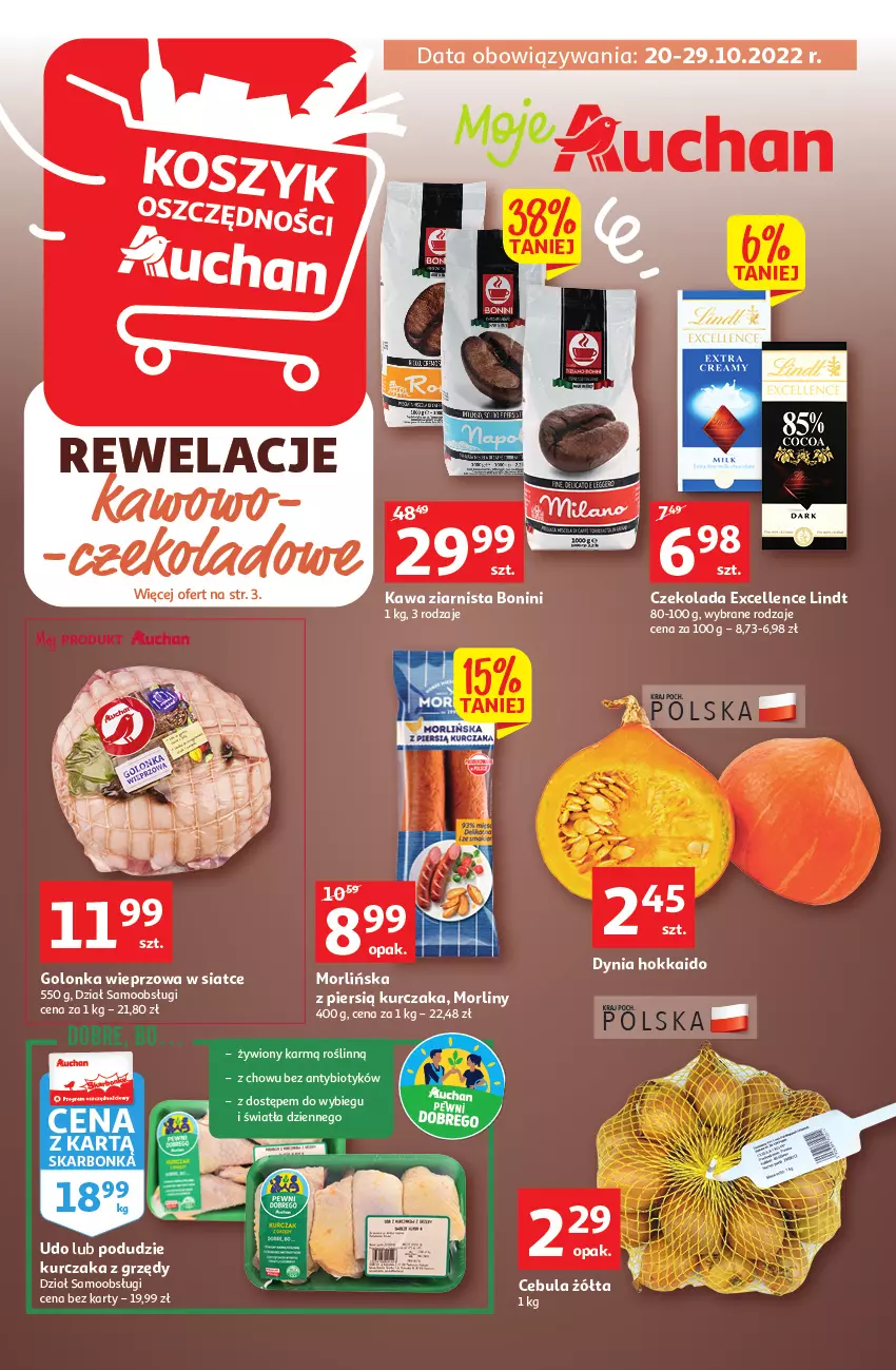 Gazetka promocyjna Auchan - Gazetka Koszyk Oszczędności Auchan Moje Auchan - ważna 19.10 do 29.10.2022 - strona 1 - produkty: Cebula, Czekolada, Golonka wieprzowa, Kawa, Kawa ziarnista, Kurczak, Lindt, Morliny