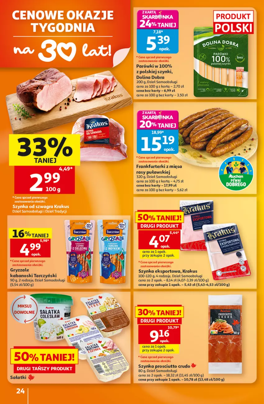 Gazetka promocyjna Auchan - Gazetka 30 Lat Hipermarket Auchan - ważna 27.08 do 02.09.2026 - strona 24 - produkty: Frankfurterki, Gry, Kabanos, Krakus, Parówki, Por, Prosciutto, Sałat, Sałatka, Sport, Szynka, Tarczyński