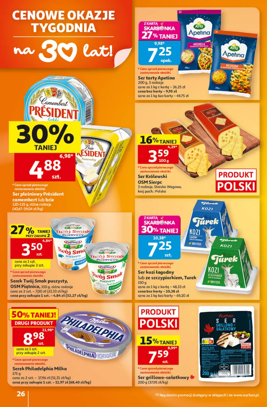 Gazetka promocyjna Auchan - Gazetka 30 Lat Hipermarket Auchan - ważna 27.08 do 02.09.2026 - strona 26 - produkty: Grill, Królewski, Milka, Philadelphia, Piątnica, Sałat, Ser, Ser kozi, Serek, Twój Smak