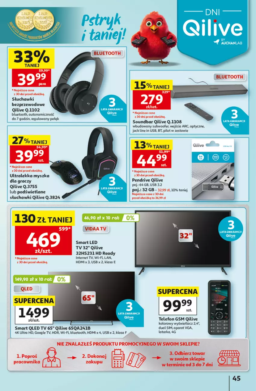 Gazetka promocyjna Auchan - Gazetka 30 Lat Hipermarket Auchan - ważna 27.08 do 02.09.2026 - strona 45 - produkty: Gra, HD ready, Latarka, LED TV, Mysz, Pendrive, Słuchawki, Słuchawki bezprzewodowe, Soundbar, Subwoofer, Tarka, Telefon